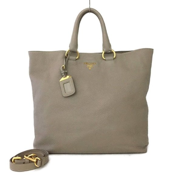 147304E V Prada Shoulder Bag Logo Plate Beige Leather 2way - Picture 1 of 11